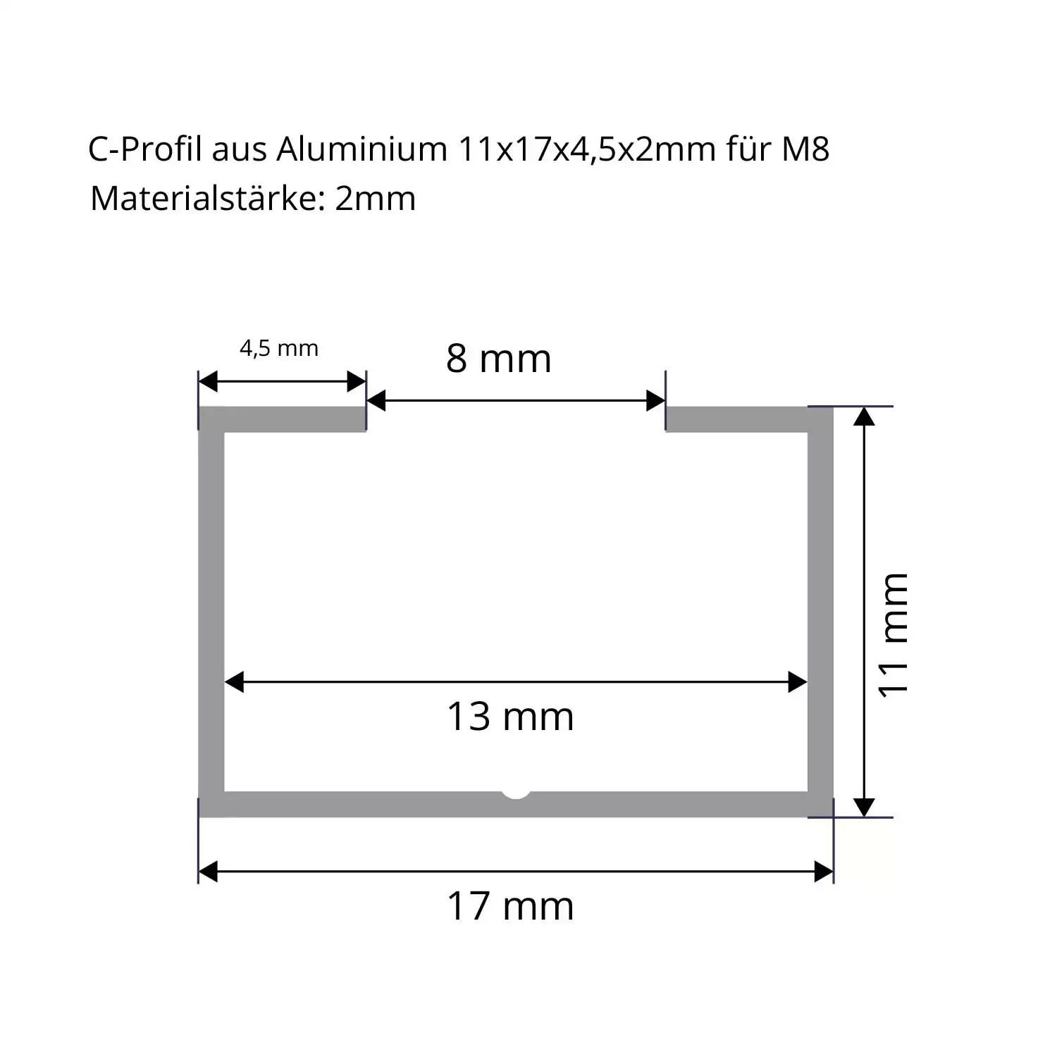 C-Profil Schwarz aus Aluminium 11x17x4 mm in 2mm Stärke Datenblatt