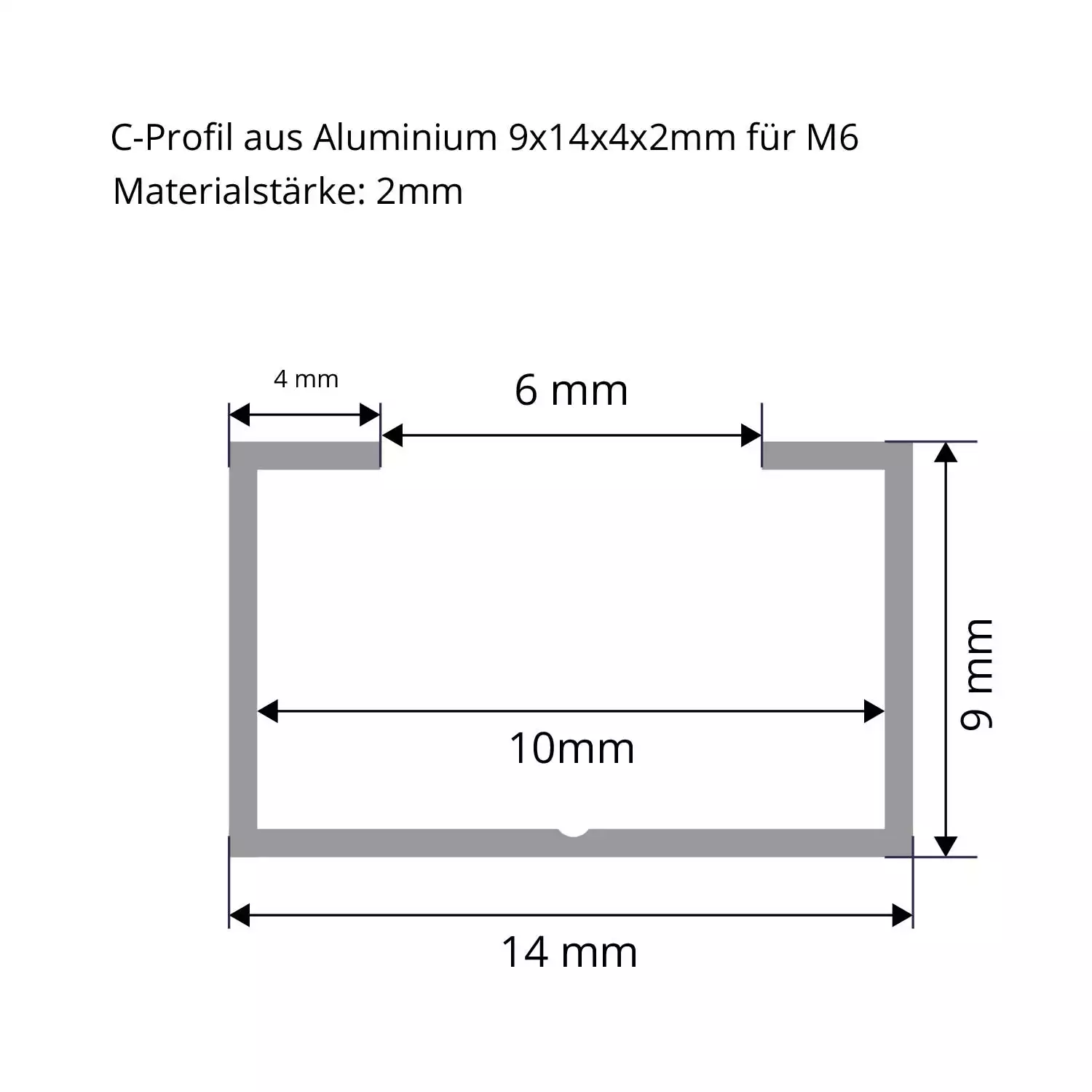 C-Profil aus Aluminium 9x14x4 mm in 2mm Stärke M6
